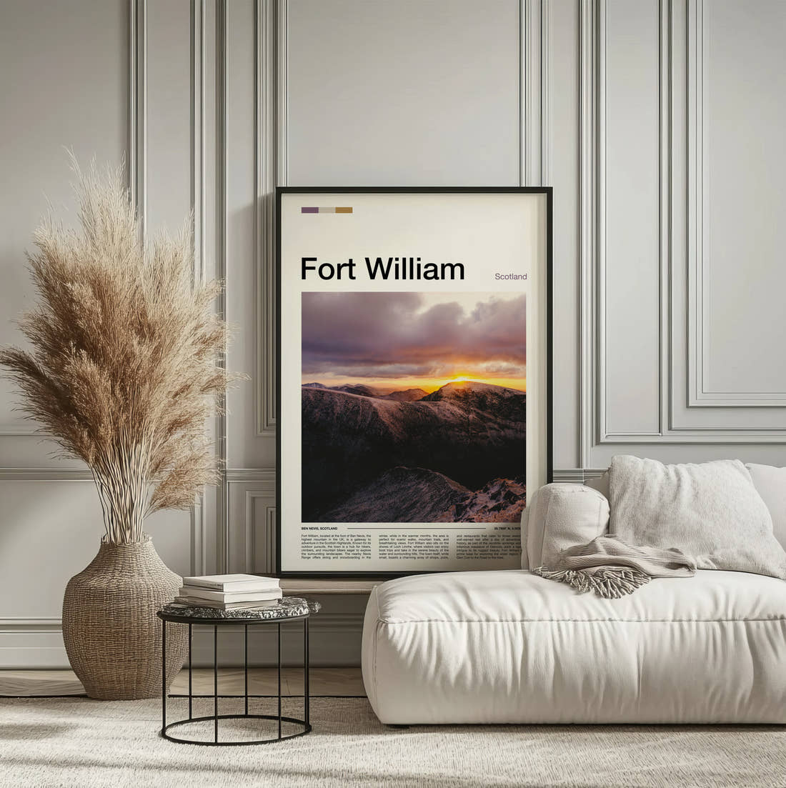 Fort William Sunset Over The Mountains Travel Print framed on the wall of a calm, neutral bedroom