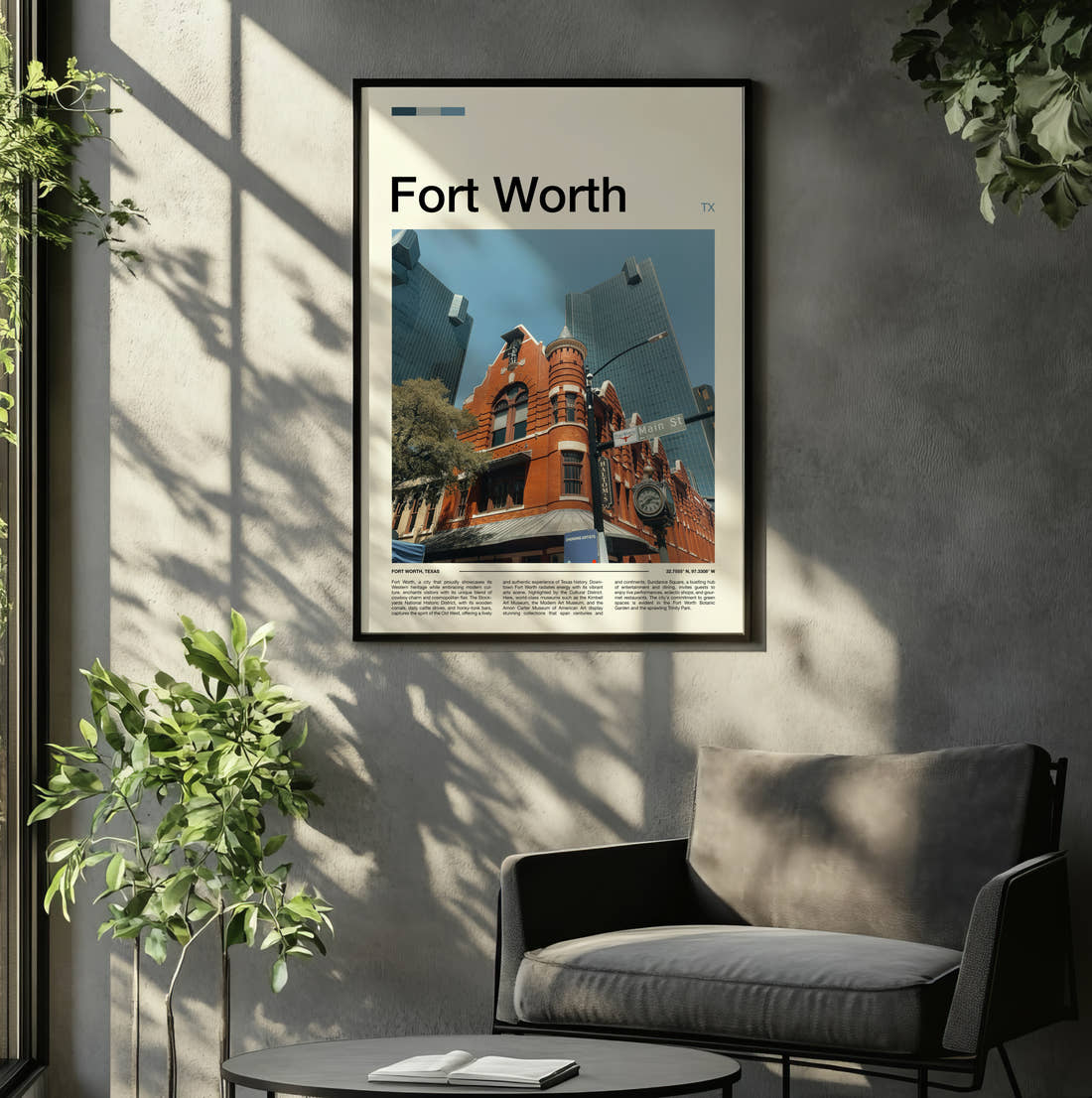 Fort Worth Historic Brick Building Travel Print framed on the wall of a relaxed living room