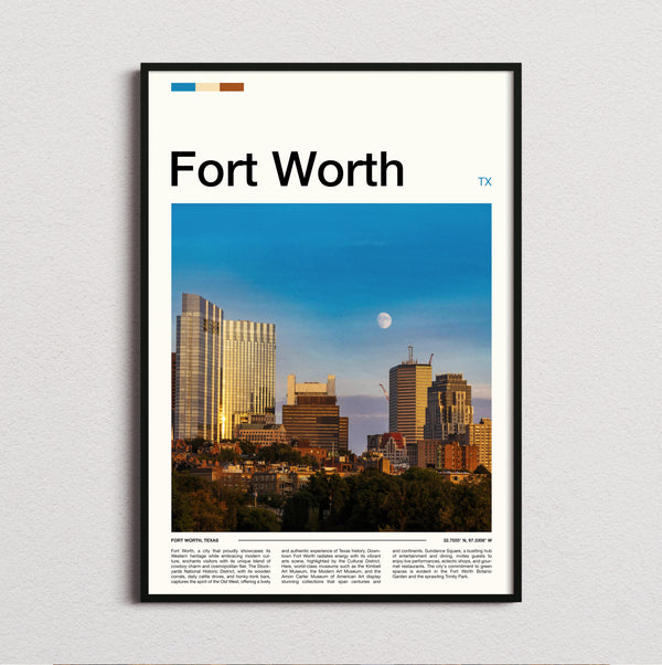 Fort Worth - Skyline And Moon - Travel Print