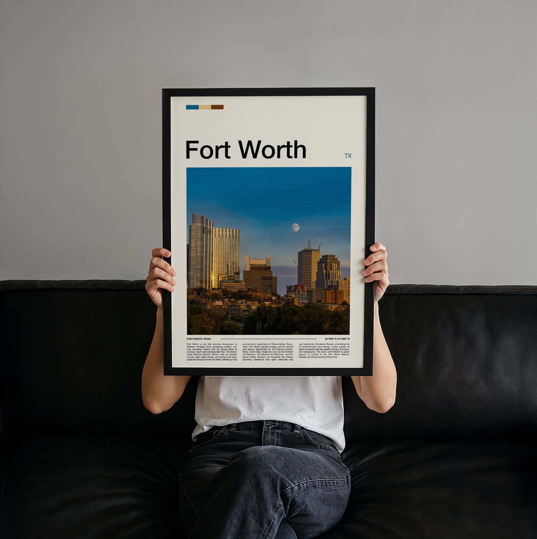 Fort Worth Skyline And Moon Travel Print held up by hand to show the size of the print