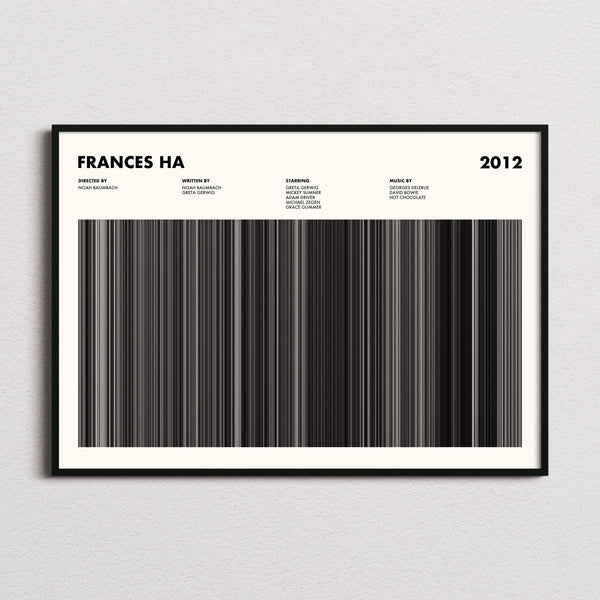 Frances Ha Movie Barcode Poster framed and photographed straight on
