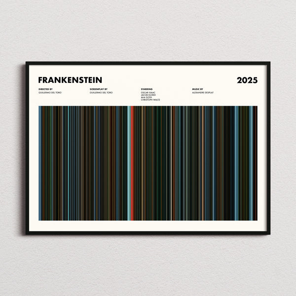 Frankenstein Movie Barcode Poster framed and photographed straight on