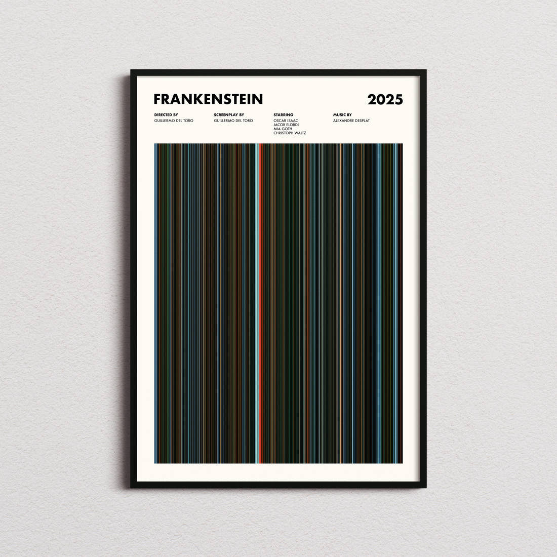 Frankenstein Movie Barcode Poster framed on a plain studio wall
