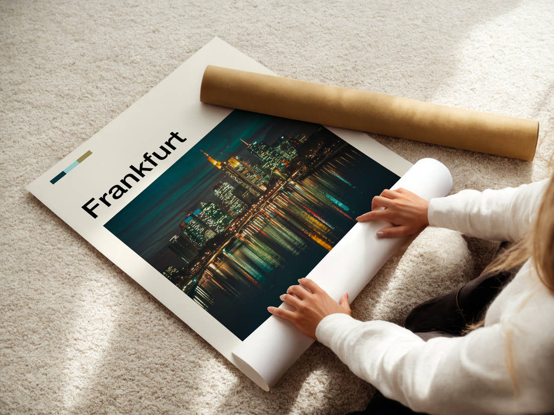 Frankfurt Illuminated River Skyline Travel Print being unrolled from its postal tube