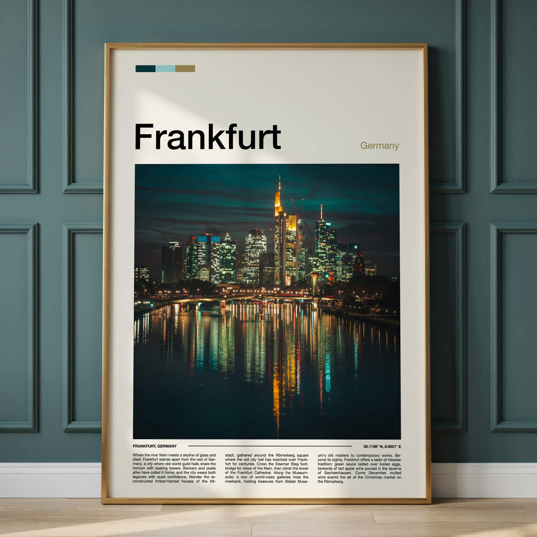 Frankfurt Illuminated River Skyline Travel Print framed on the wall of a calm, neutral bedroom