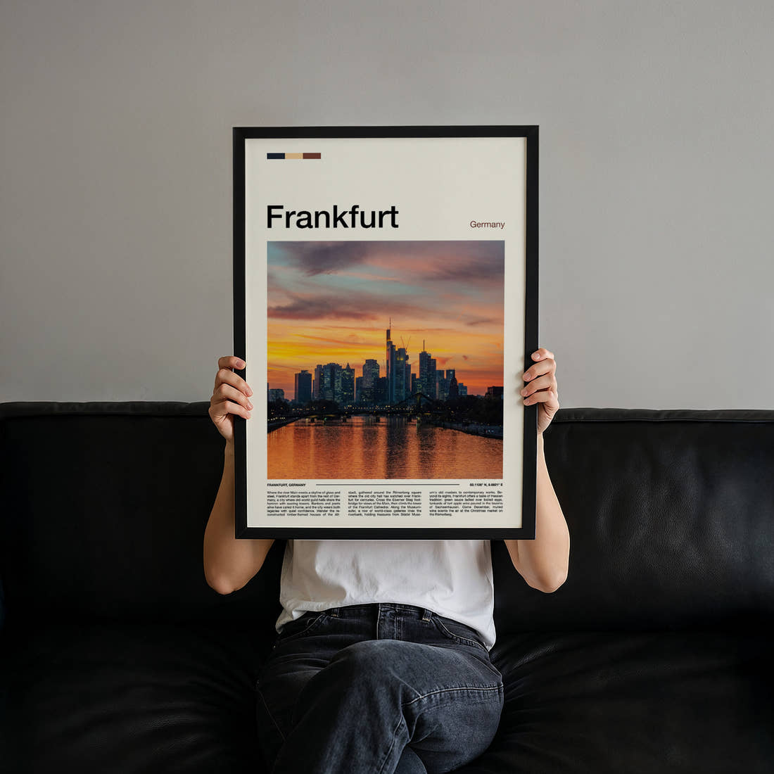 Frankfurt Skyline At Sunset Travel Print held up by hand to show the size of the print
