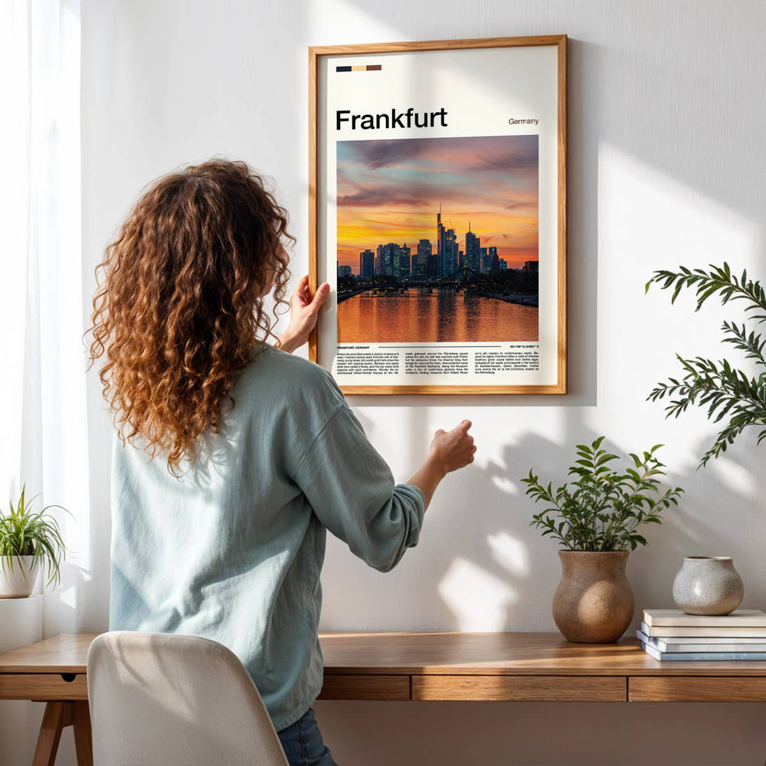 Frankfurt Skyline At Sunset Travel Print framed on a pale wall beside houseplants
