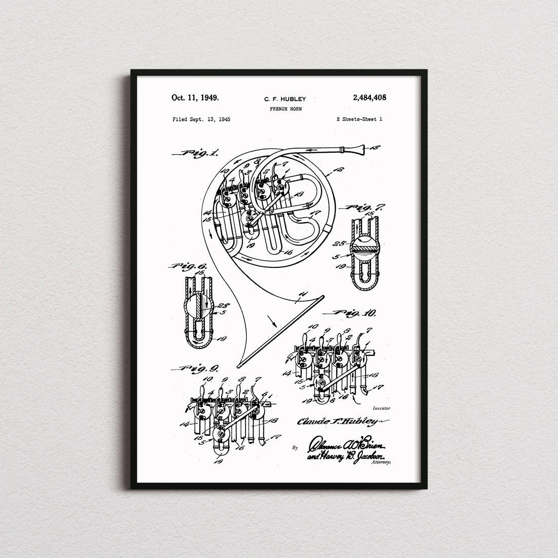French Horn Patent Print in the white colourway, framed