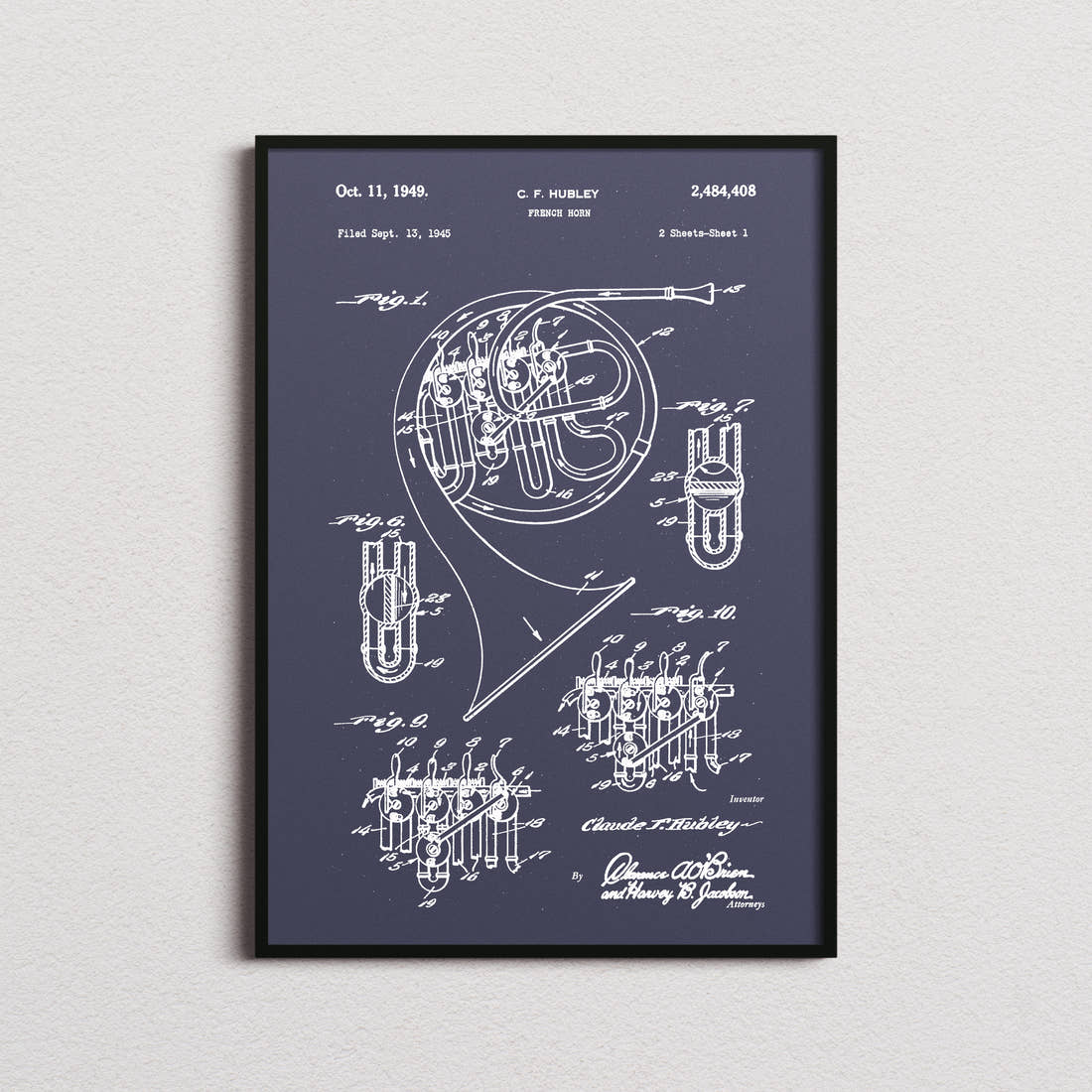 French Horn Patent Print in the navy colourway, framed