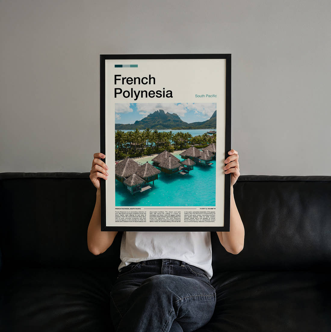French Polynesia Overwater Bungalows Travel Print held up by hand to show the size of the print