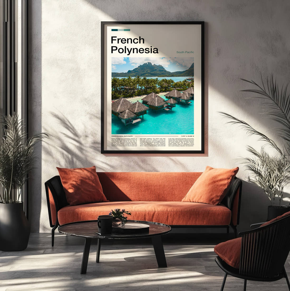 French Polynesia Overwater Bungalows Travel Print framed on the wall of a modern living room