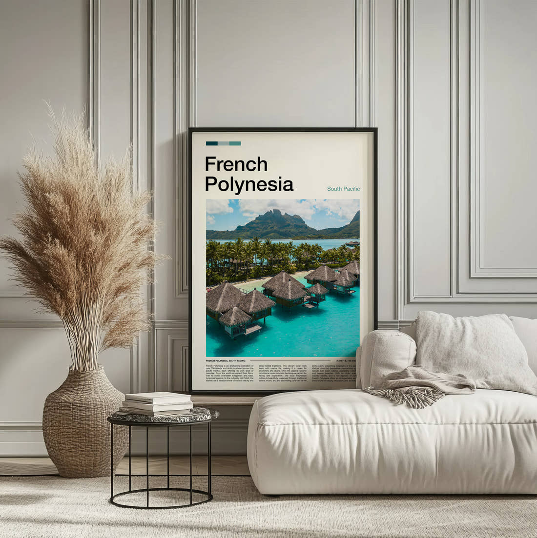 French Polynesia Overwater Bungalows Travel Print framed on the wall of a calm, neutral bedroom