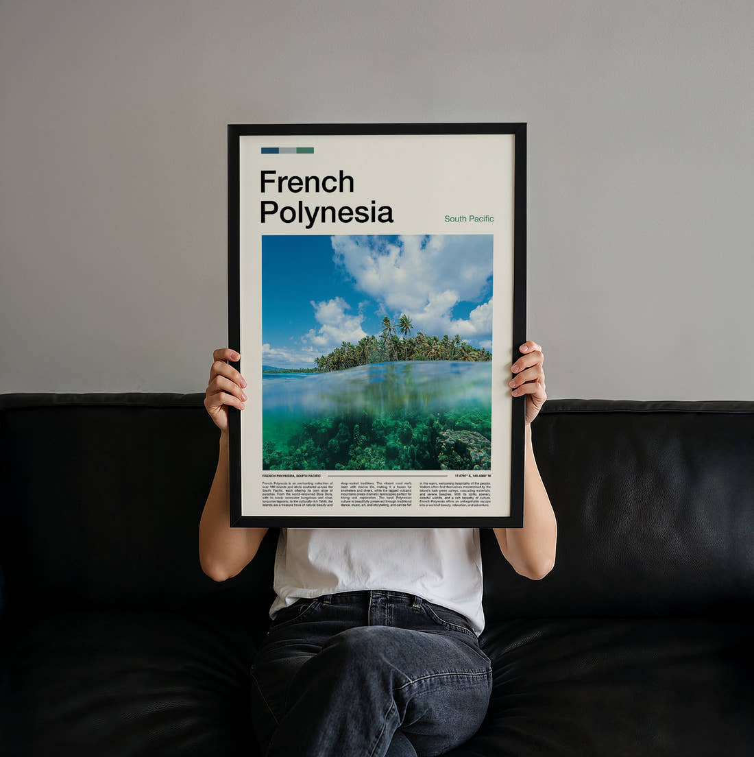 French Polynesia Over Under Reef View Travel Print held up by hand to show the size of the print
