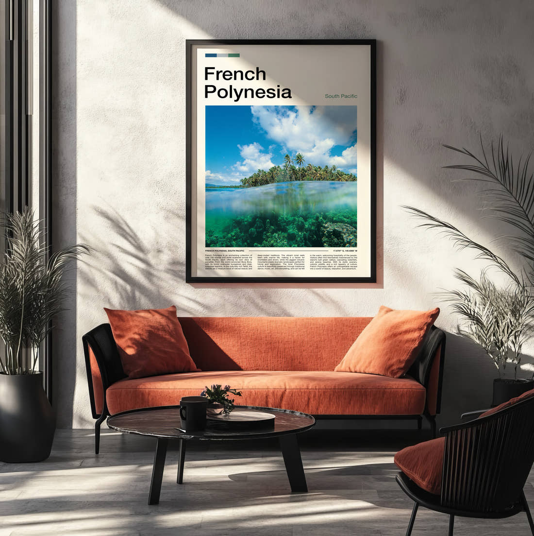 French Polynesia Over Under Reef View Travel Print framed on the wall of a modern living room