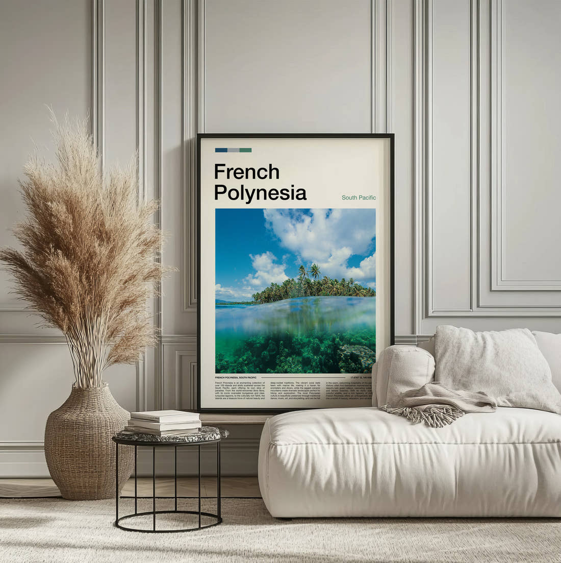 French Polynesia Over Under Reef View Travel Print framed on the wall of a calm, neutral bedroom