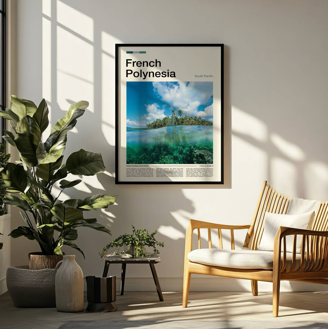 French Polynesia Over Under Reef View Travel Print framed on a pale wall beside houseplants
