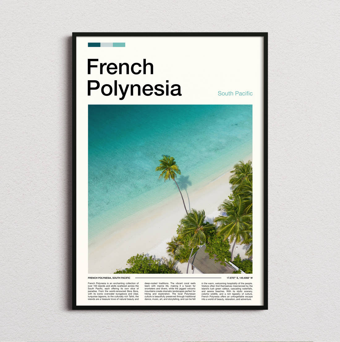 French Polynesia Palm Trees On The Beach Travel Print framed and photographed straight on