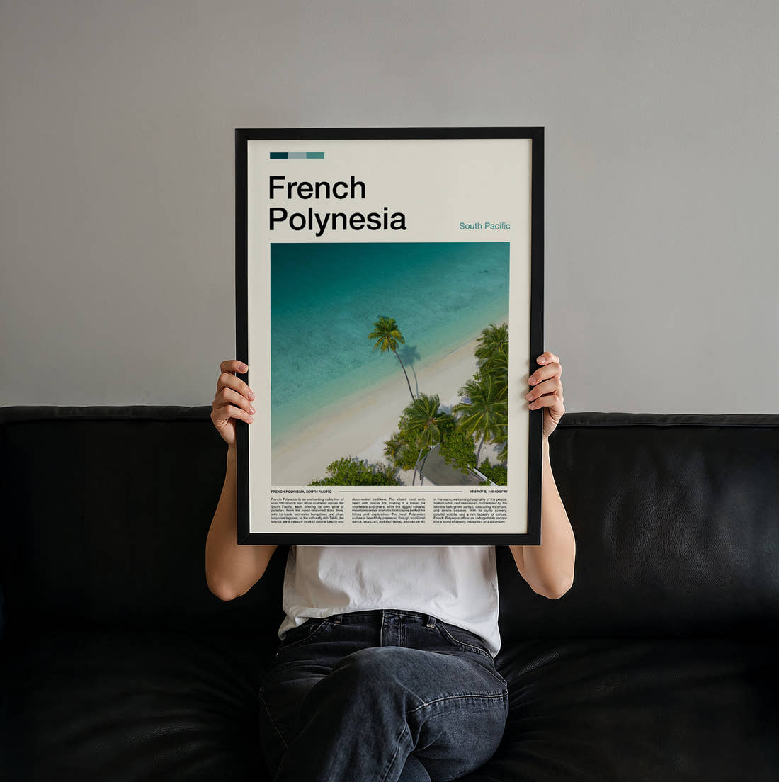 French Polynesia Palm Trees On The Beach Travel Print held up by hand to show the size of the print
