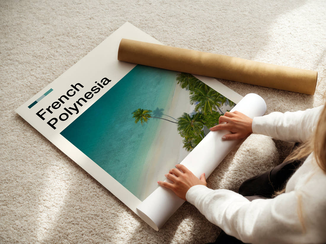 French Polynesia Palm Trees On The Beach Travel Print being unrolled from its postal tube