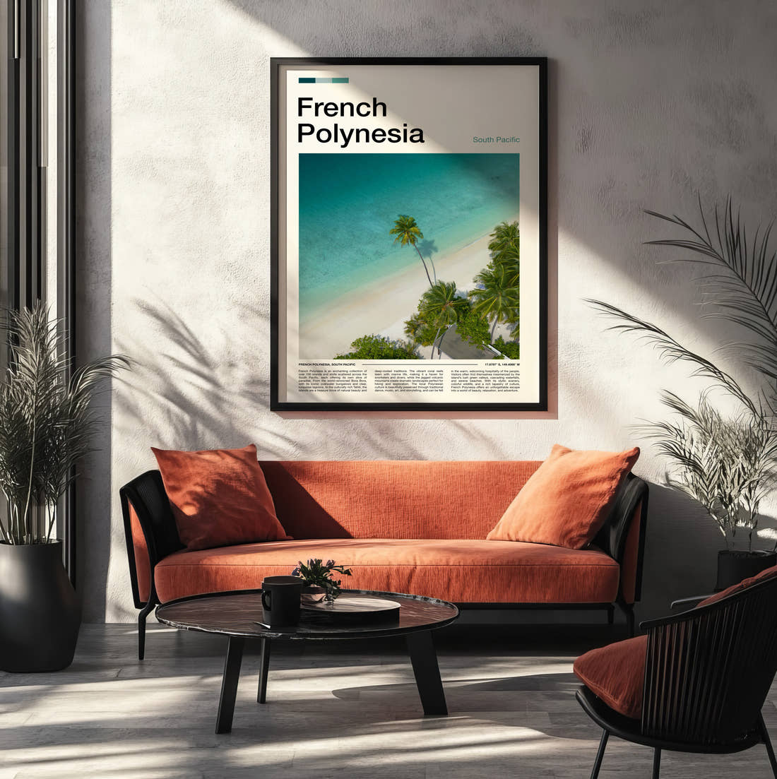 French Polynesia Palm Trees On The Beach Travel Print framed on the wall of a modern living room