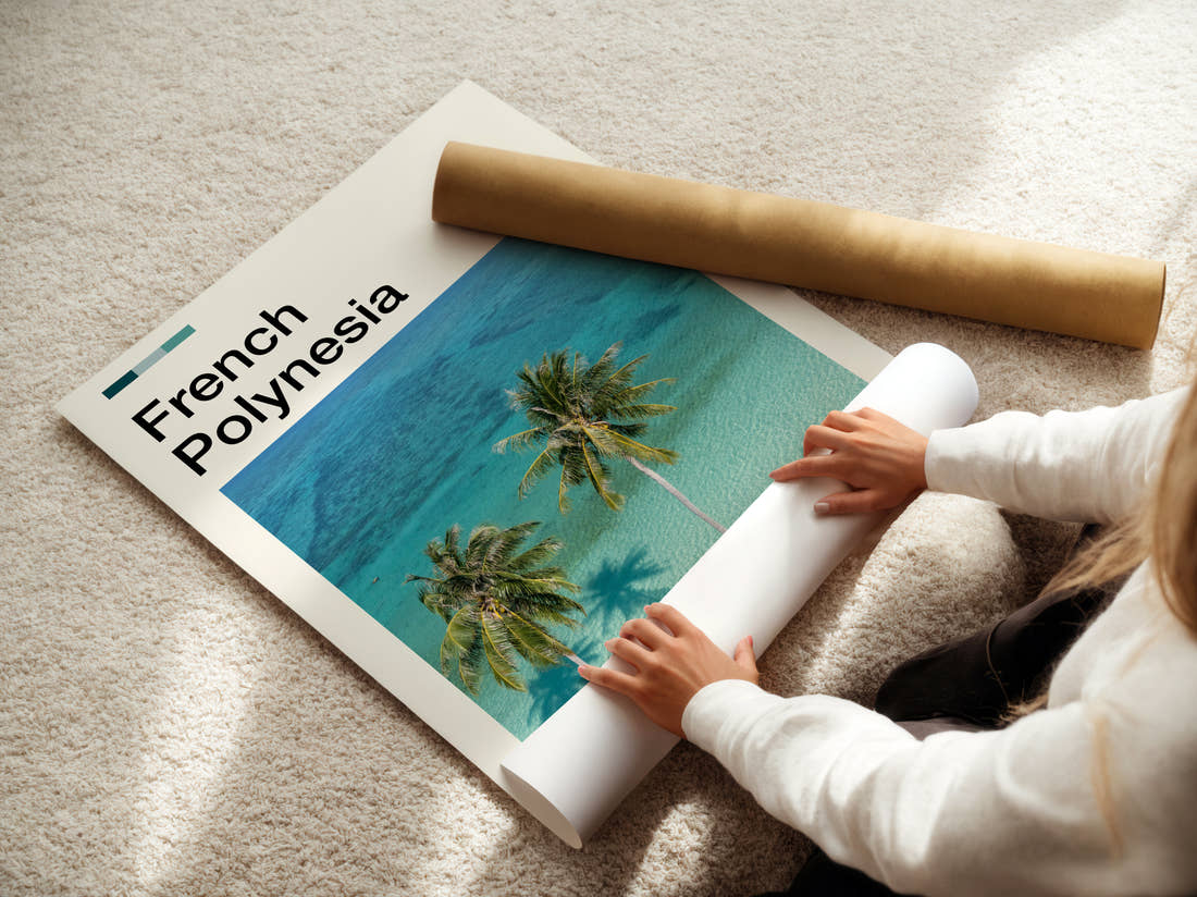 French Polynesia Palm Trees Over The Lagoon Travel Print being unrolled from its postal tube