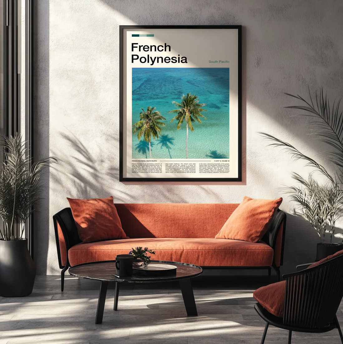 French Polynesia Palm Trees Over The Lagoon Travel Print framed on the wall of a modern living room