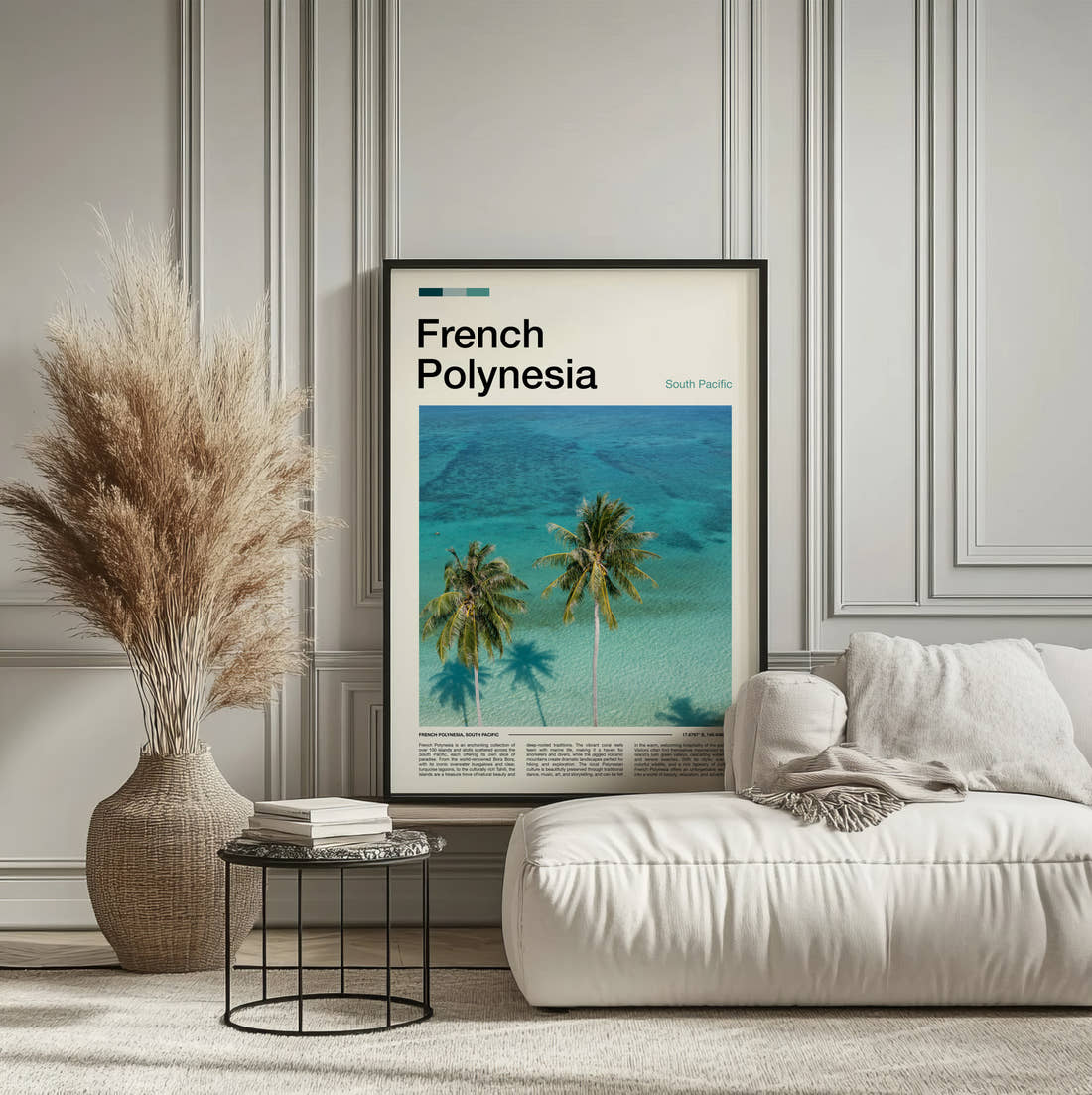French Polynesia Palm Trees Over The Lagoon Travel Print framed on the wall of a calm, neutral bedroom