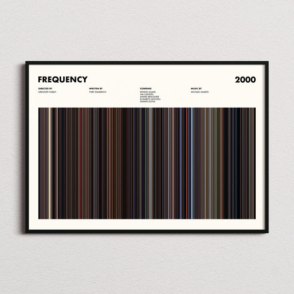 Frequency Movie Barcode Poster framed and photographed straight on