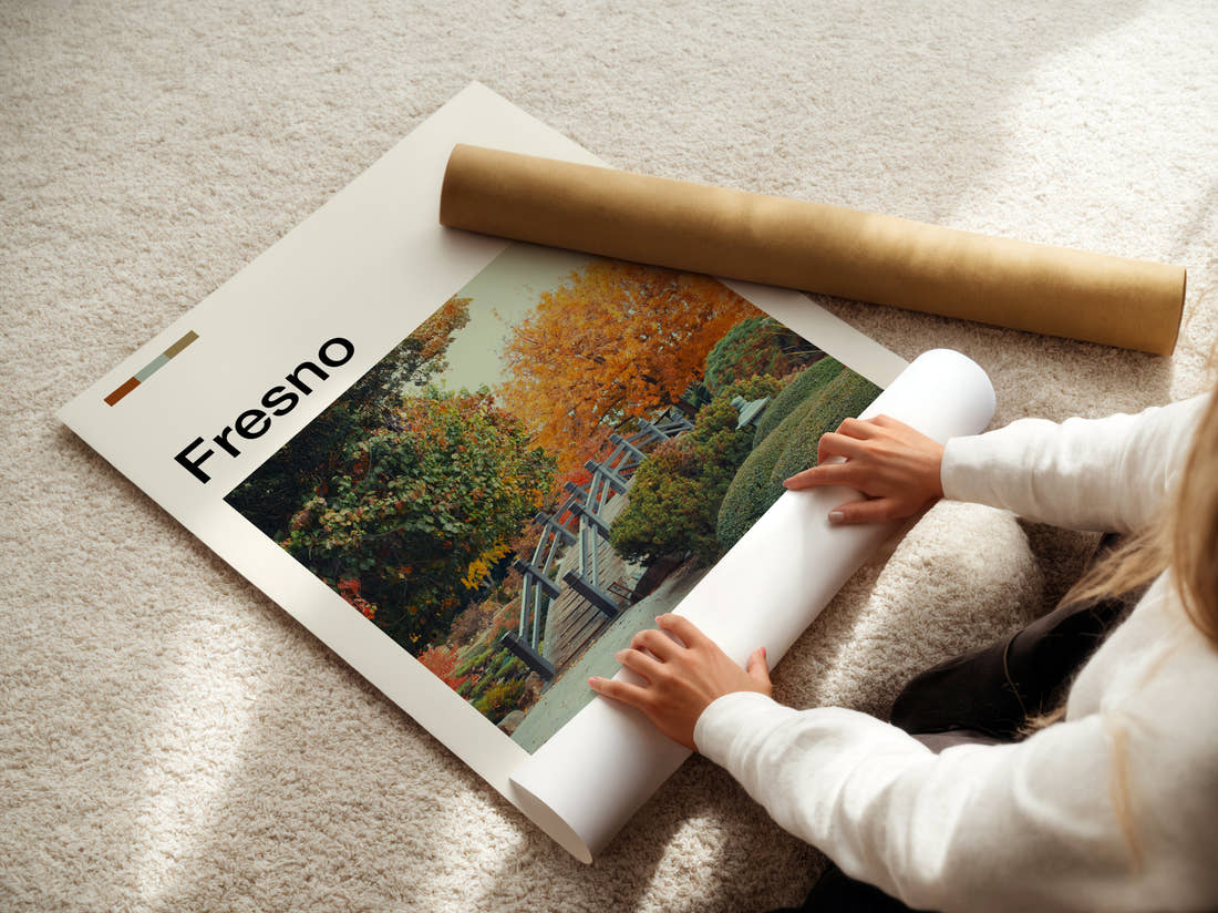Fresno Autumn Garden Travel Print being unrolled from its postal tube