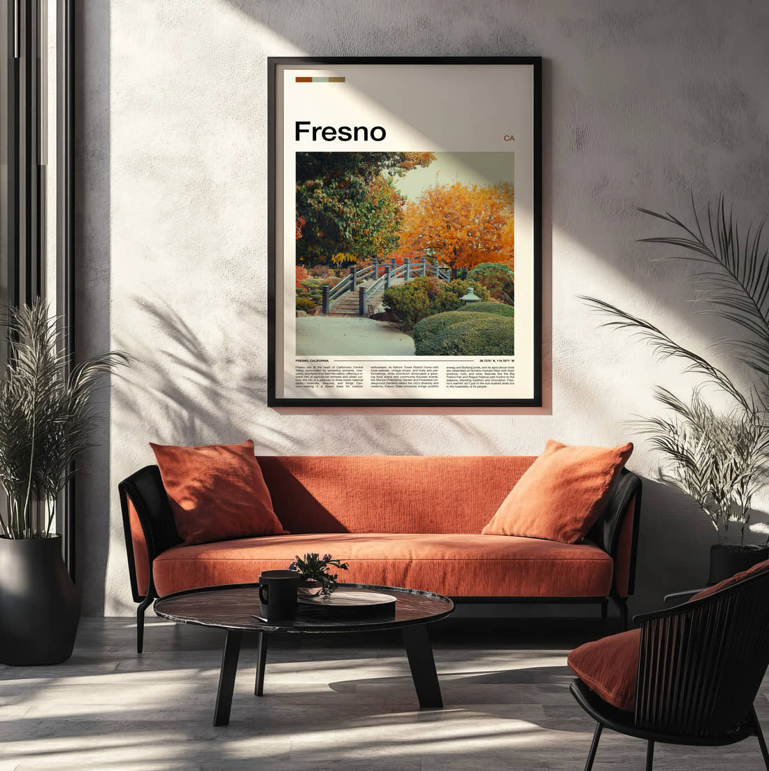 Fresno Autumn Garden Travel Print framed on the wall of a modern living room