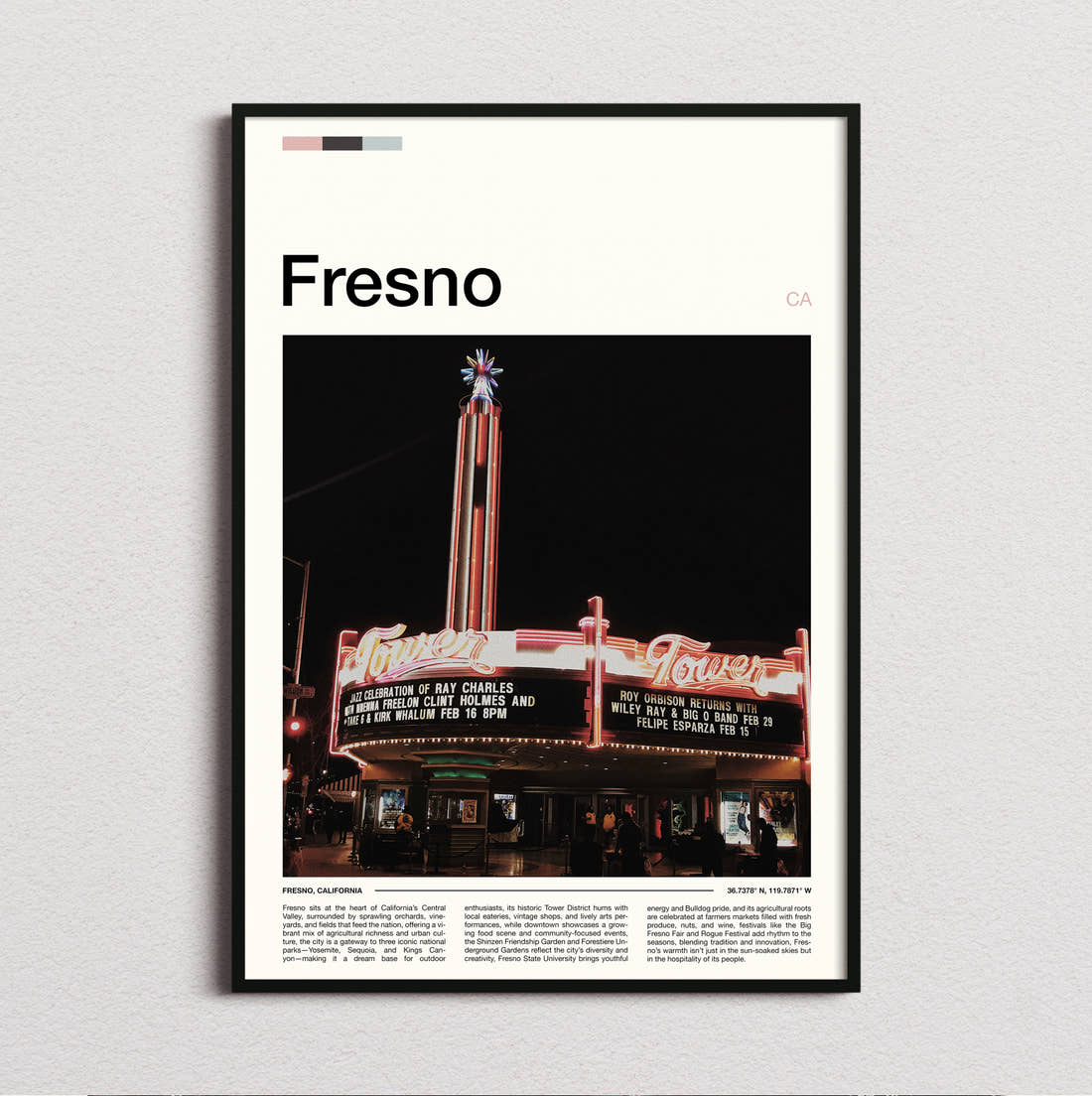 Fresno Tower Theatre Travel Print framed and photographed straight on