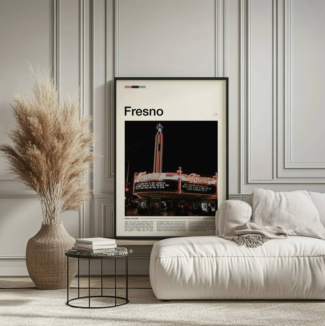 Fresno Tower Theatre Travel Print framed on the wall of a calm, neutral bedroom