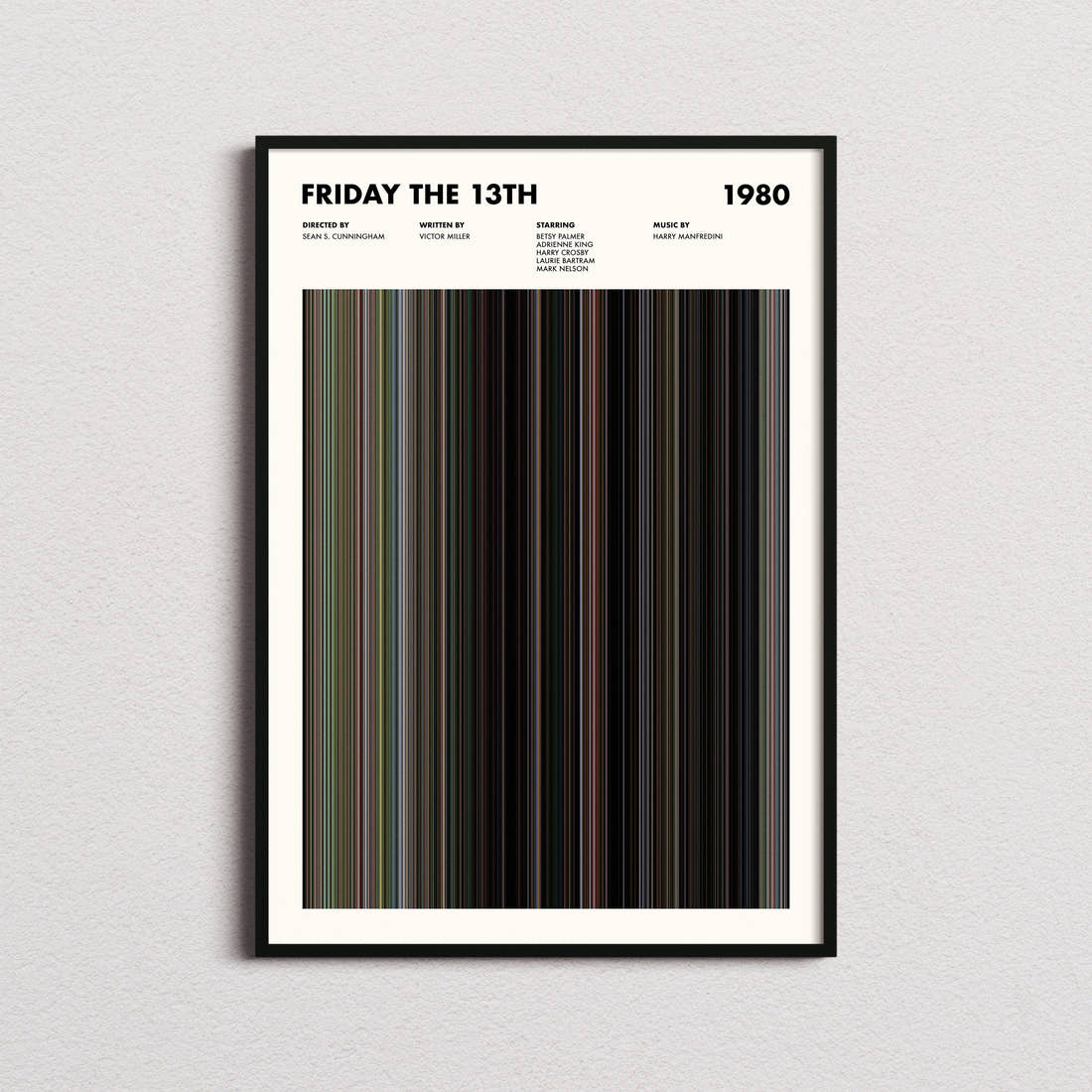 Friday The 13th Movie Barcode Poster framed on a plain studio wall