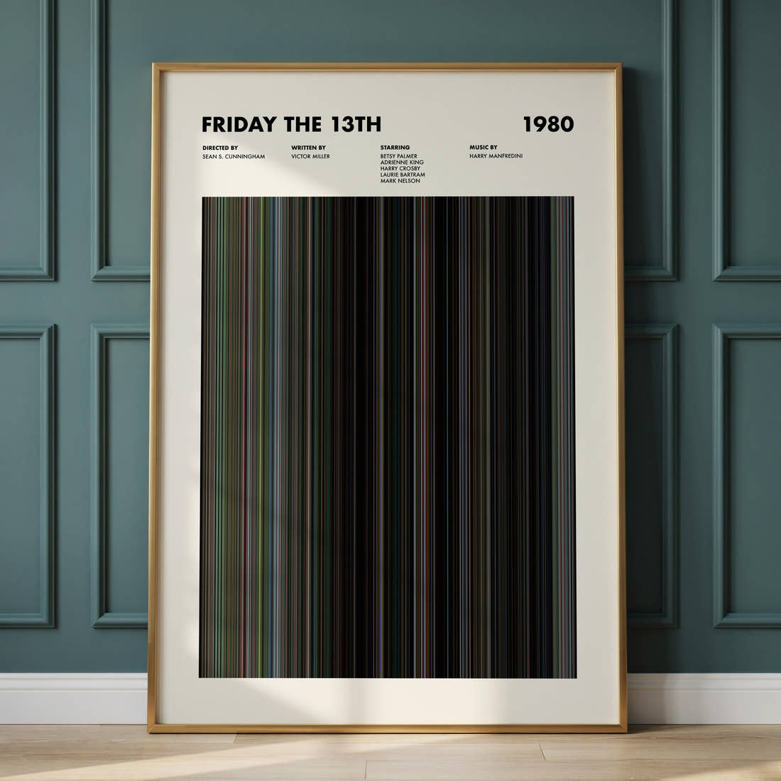 Friday The 13th Movie Barcode Poster framed and leaning against a panelled wall