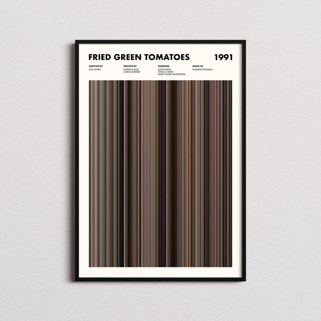 Fried Green Tomatoes Movie Barcode Poster framed on a plain studio wall