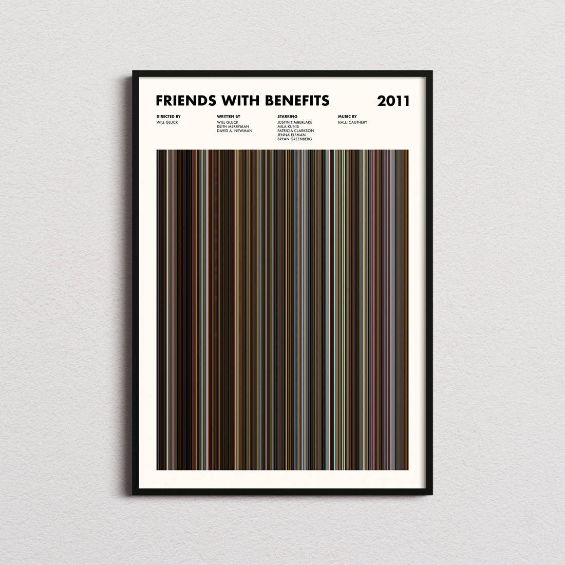 Friends With Benefits Movie Barcode Poster framed on a plain studio wall