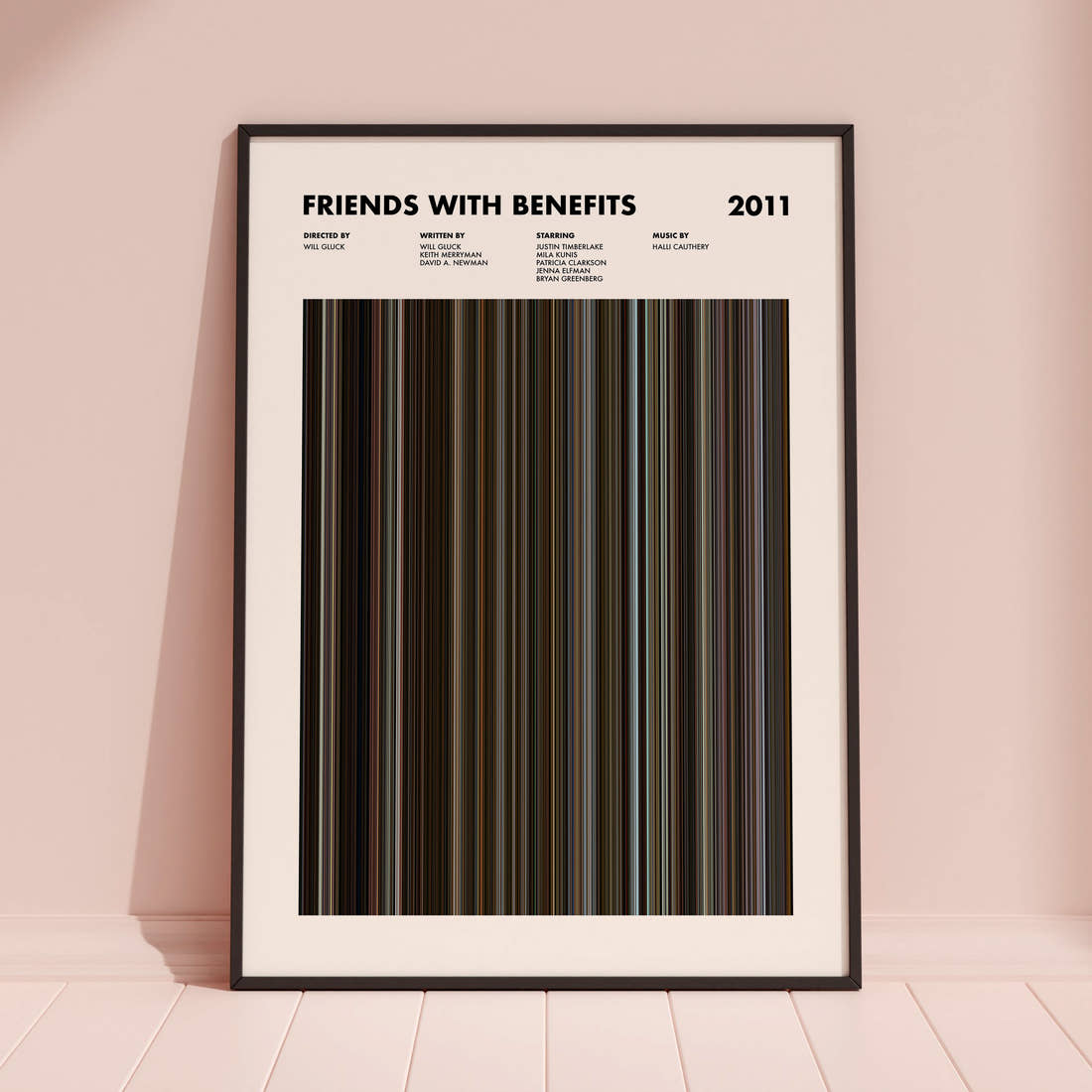 Friends With Benefits Movie Barcode Poster framed and leaning against a coloured wall