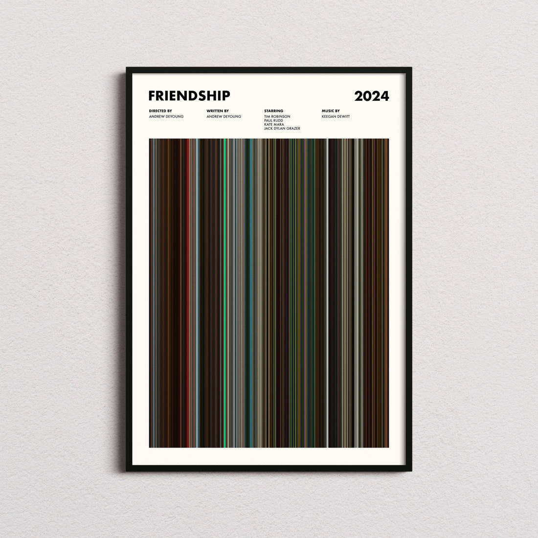 Friendship Movie Barcode Poster framed on a plain studio wall