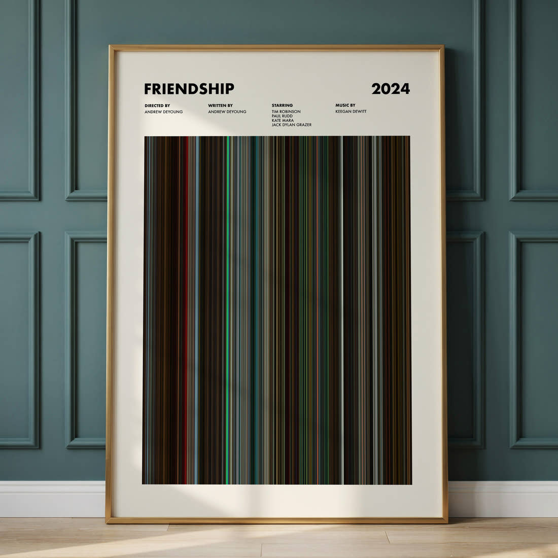 Friendship Movie Barcode Poster framed and leaning against a panelled wall