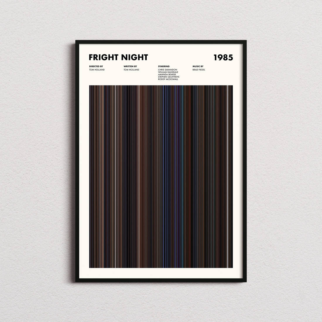 Fright Night Movie Barcode Poster framed on a plain studio wall