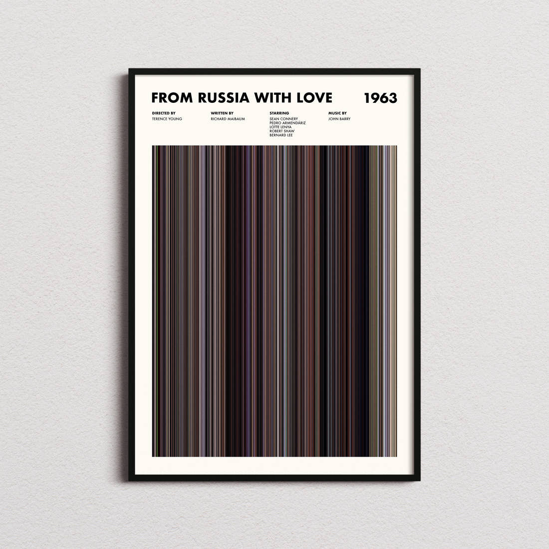 From Russia With Love Movie Barcode Poster framed on a plain studio wall