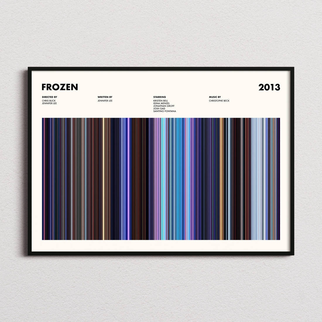 Frozen Movie Barcode Poster framed and photographed straight on
