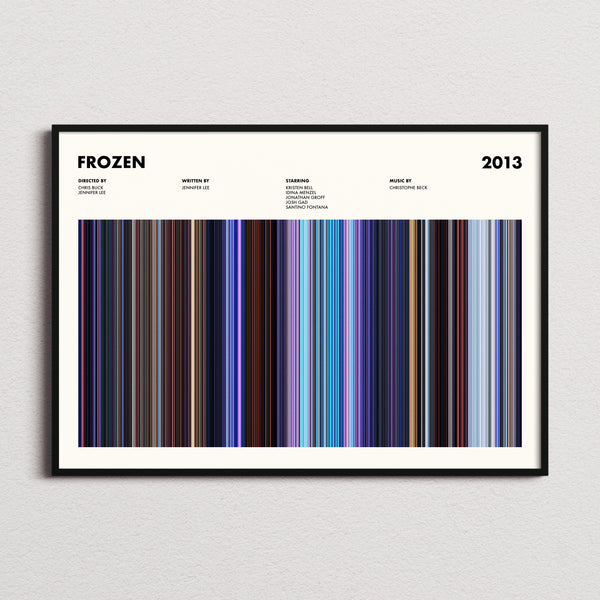 Frozen Movie Barcode Poster framed and photographed straight on