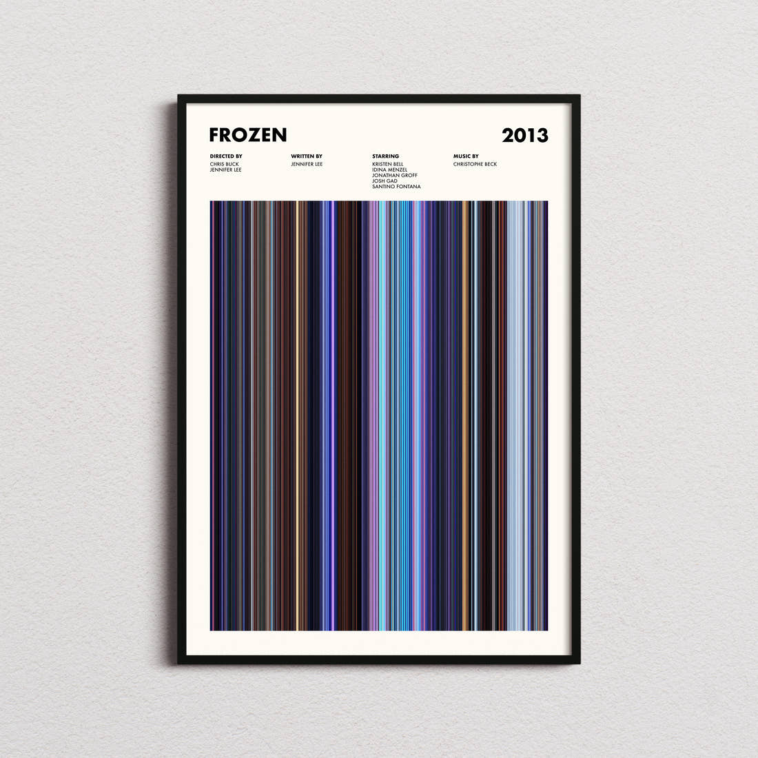 Frozen Movie Barcode Poster framed on a plain studio wall