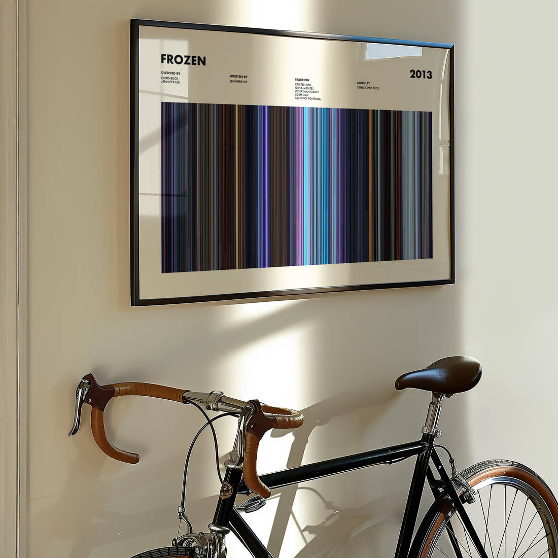 Frozen Movie Barcode Poster framed on the wall of a styled room setting