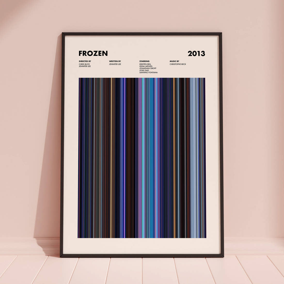 Frozen Movie Barcode Poster framed and leaning against a coloured wall