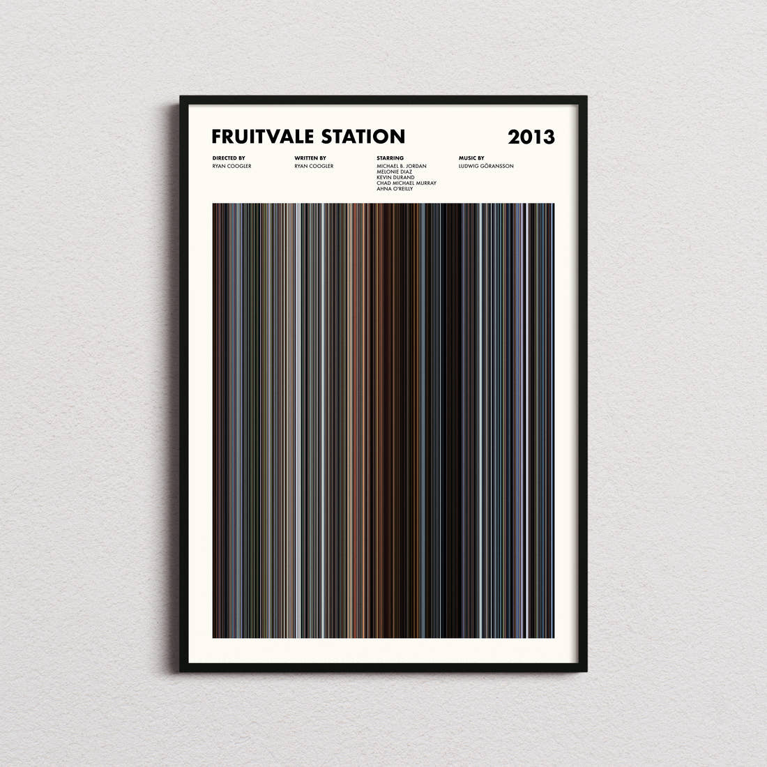 Fruitvale Station Movie Barcode Poster framed on a plain studio wall