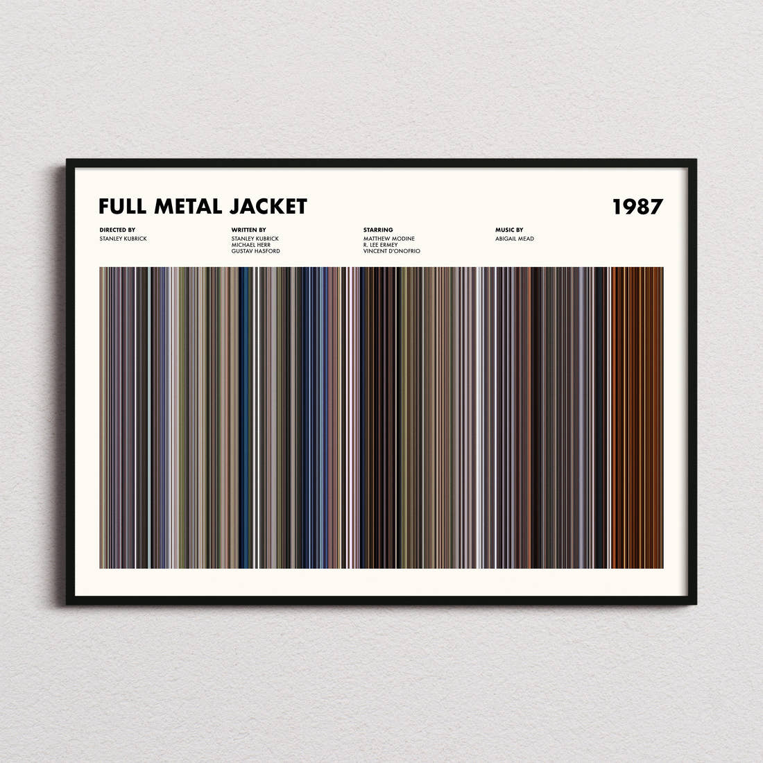 Full Metal Jacket Movie Barcode Poster framed and photographed straight on