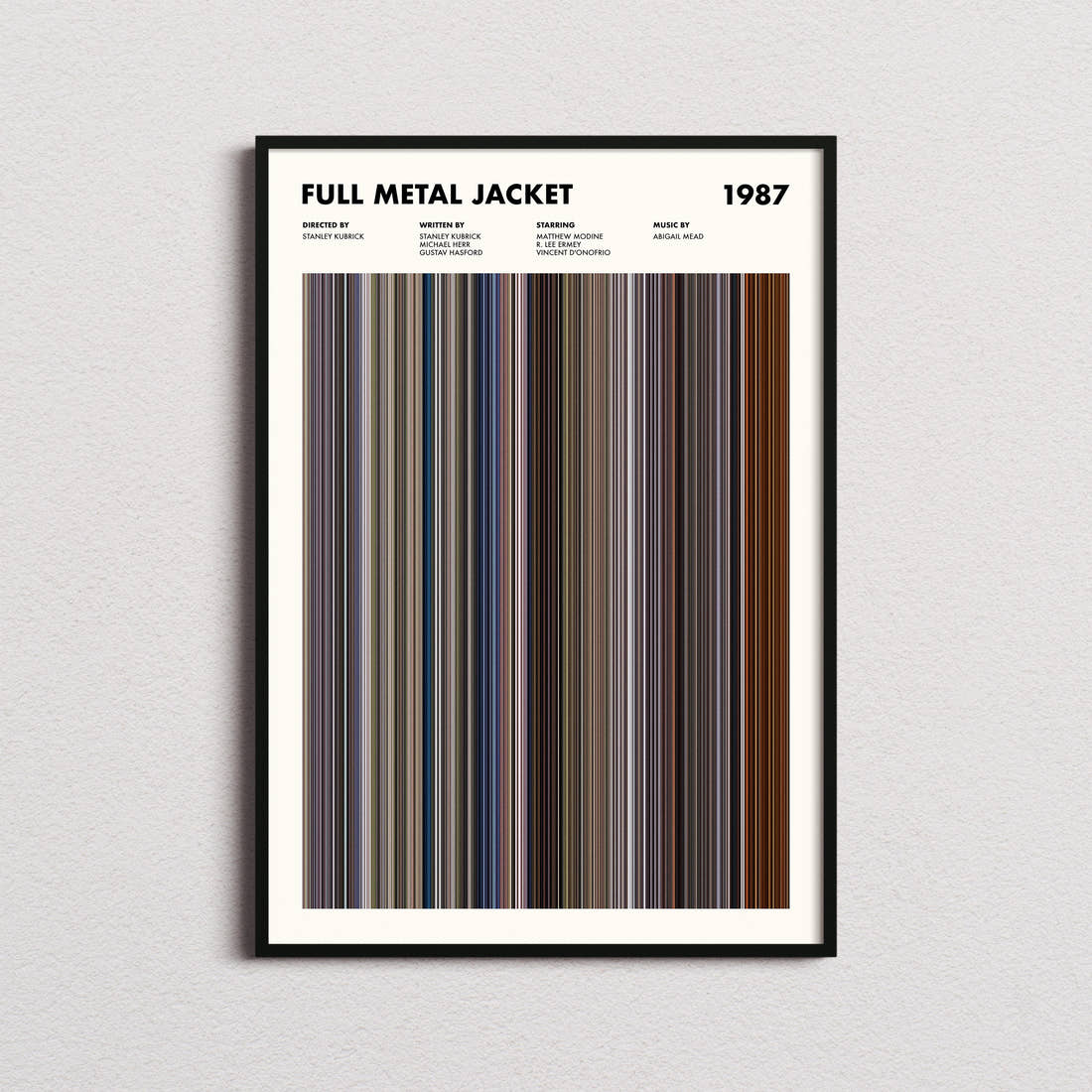 Full Metal Jacket Movie Barcode Poster framed on a plain studio wall