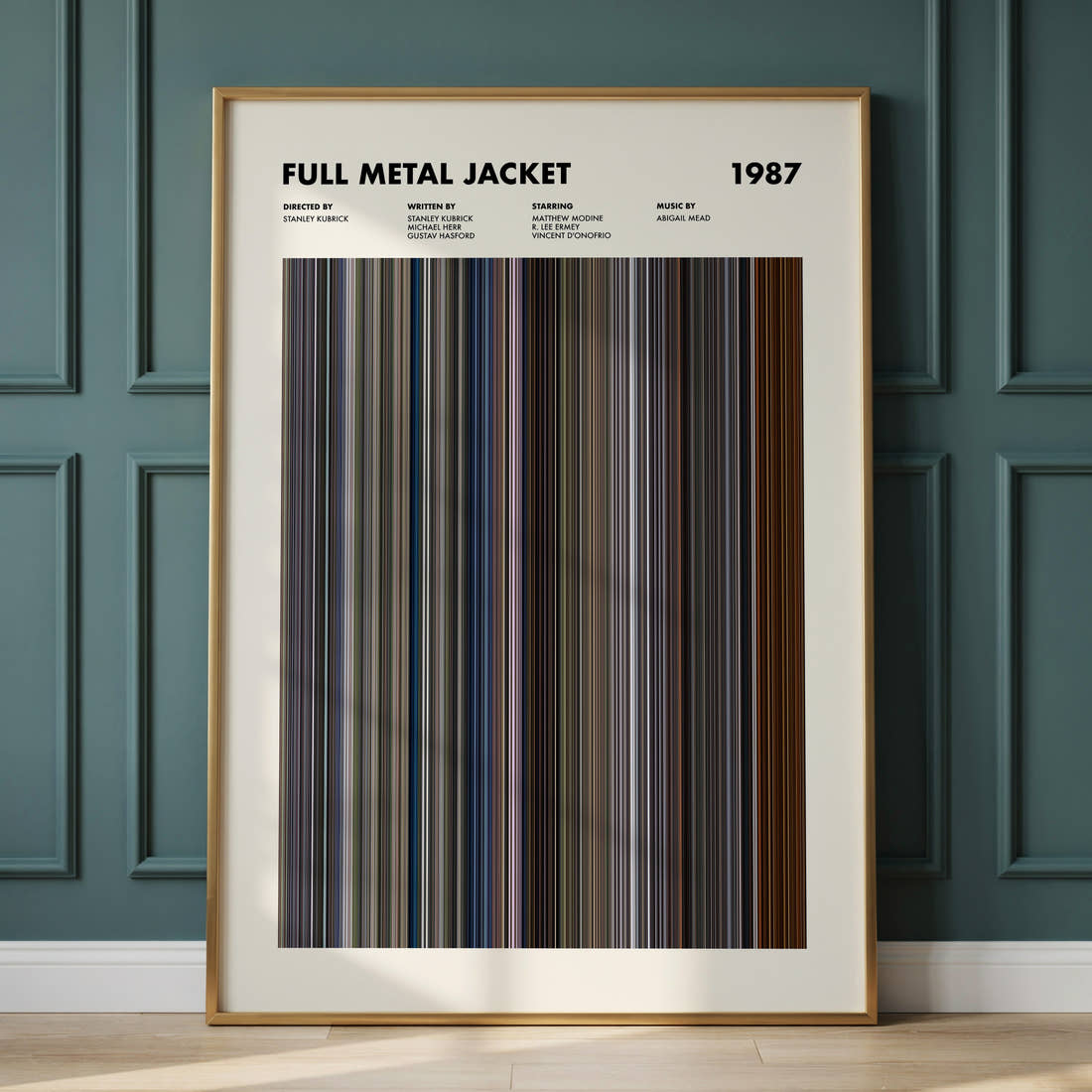 Full Metal Jacket Movie Barcode Poster framed and leaning against a panelled wall